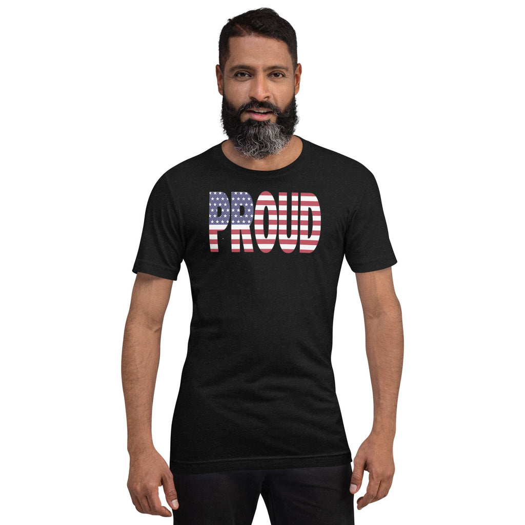 American Flag designed to spell Proud on a black color t-shirt worn by a black man.