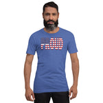 American Flag designed to spell Proud on a blue color t-shirt worn by a black man.