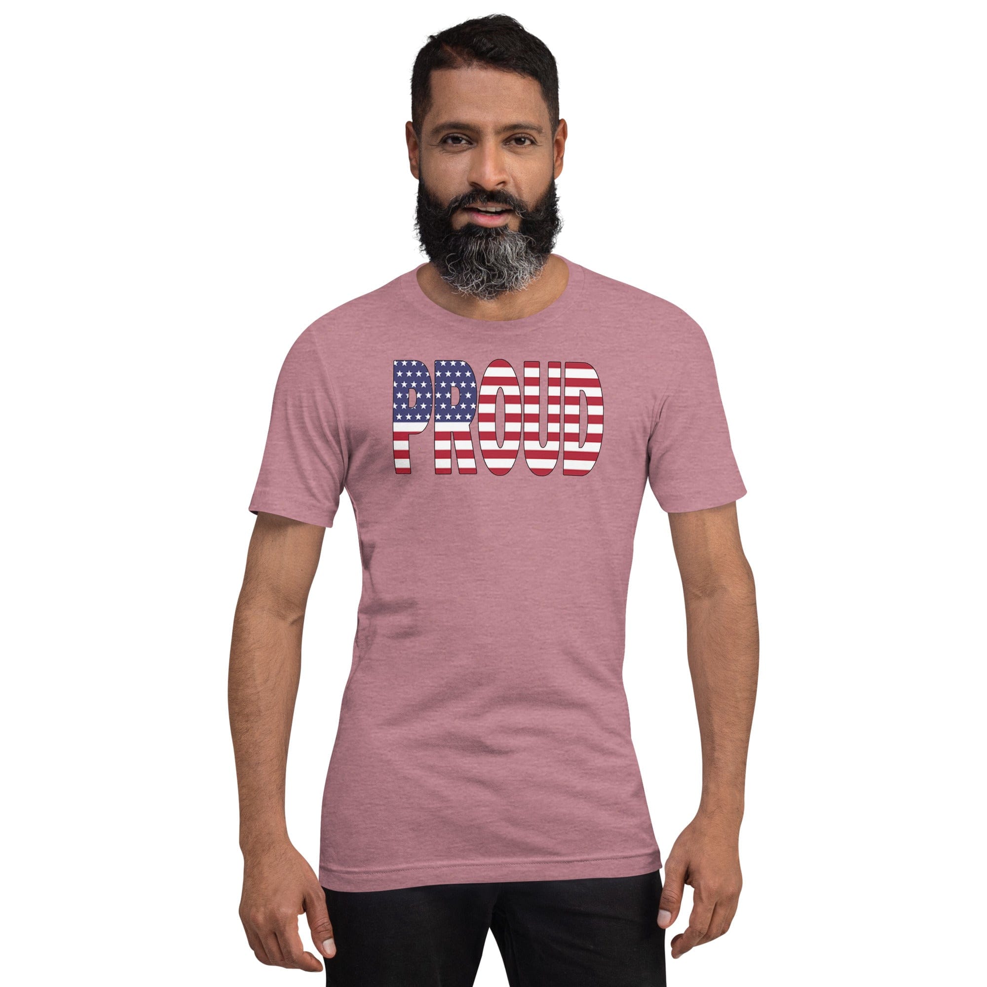 American Flag designed to spell Proud on a maroon color t-shirt worn by a black man.