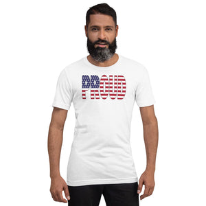 American Flag designed to spell Proud on a white color t-shirt worn by a black man.