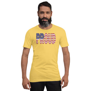 American Flag designed to spell Proud on a yellow color t-shirt worn by a black man.