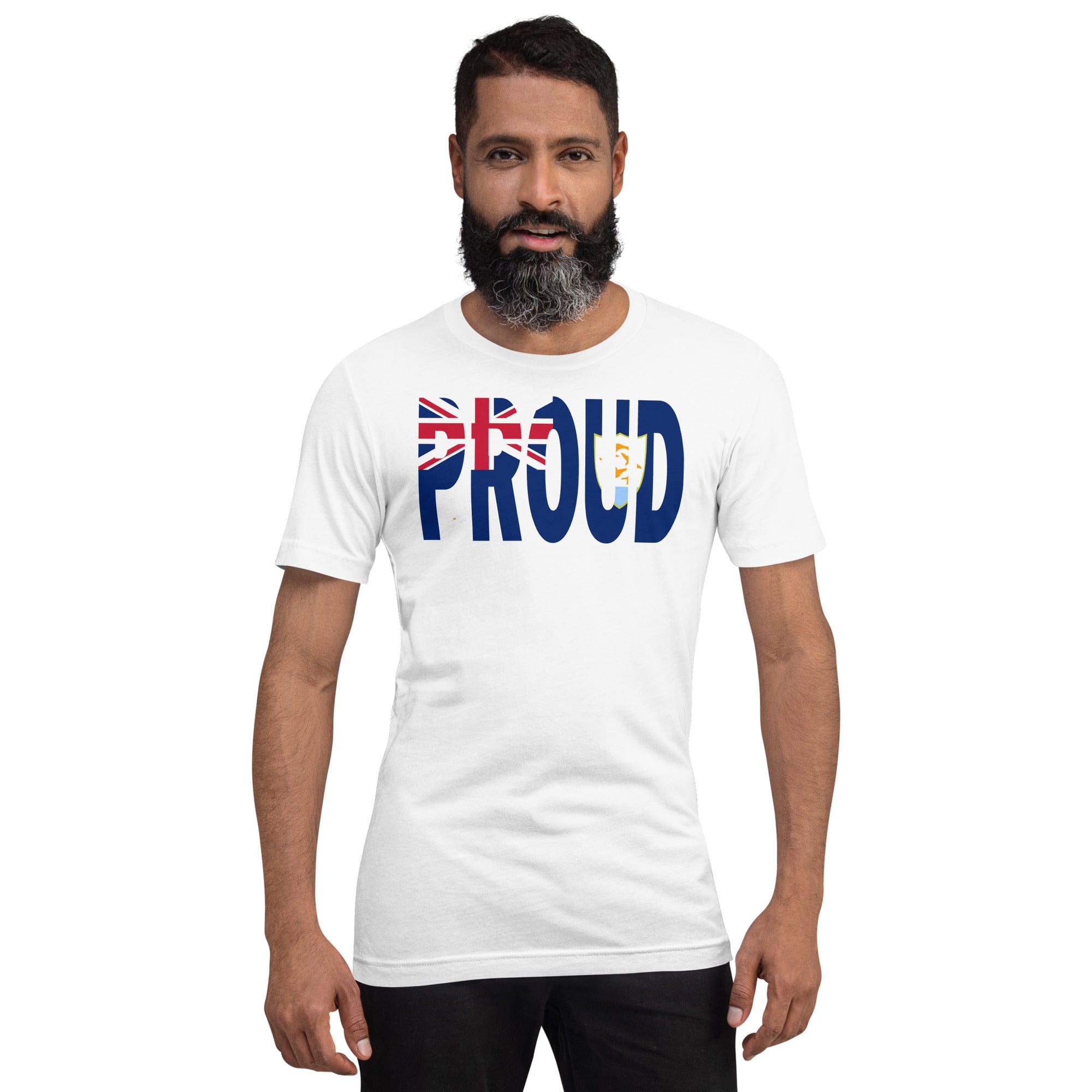 Proud Anguilla Flag white color t-shirt on a black man.