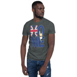 Anguilla flag design in the words HOME on a dark heather color shirt on the front of a black man.