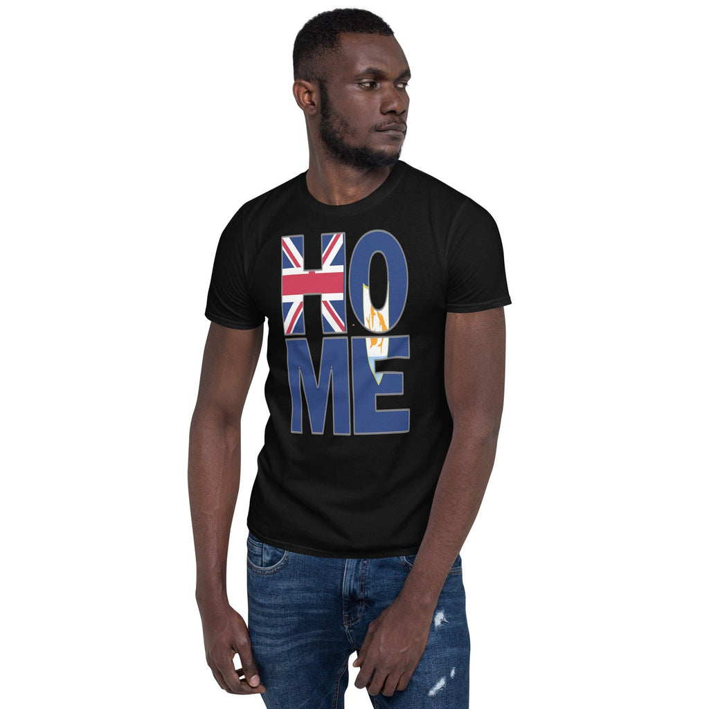 Anguilla flag design in the words HOME on a black color shirt on the front of a black man.