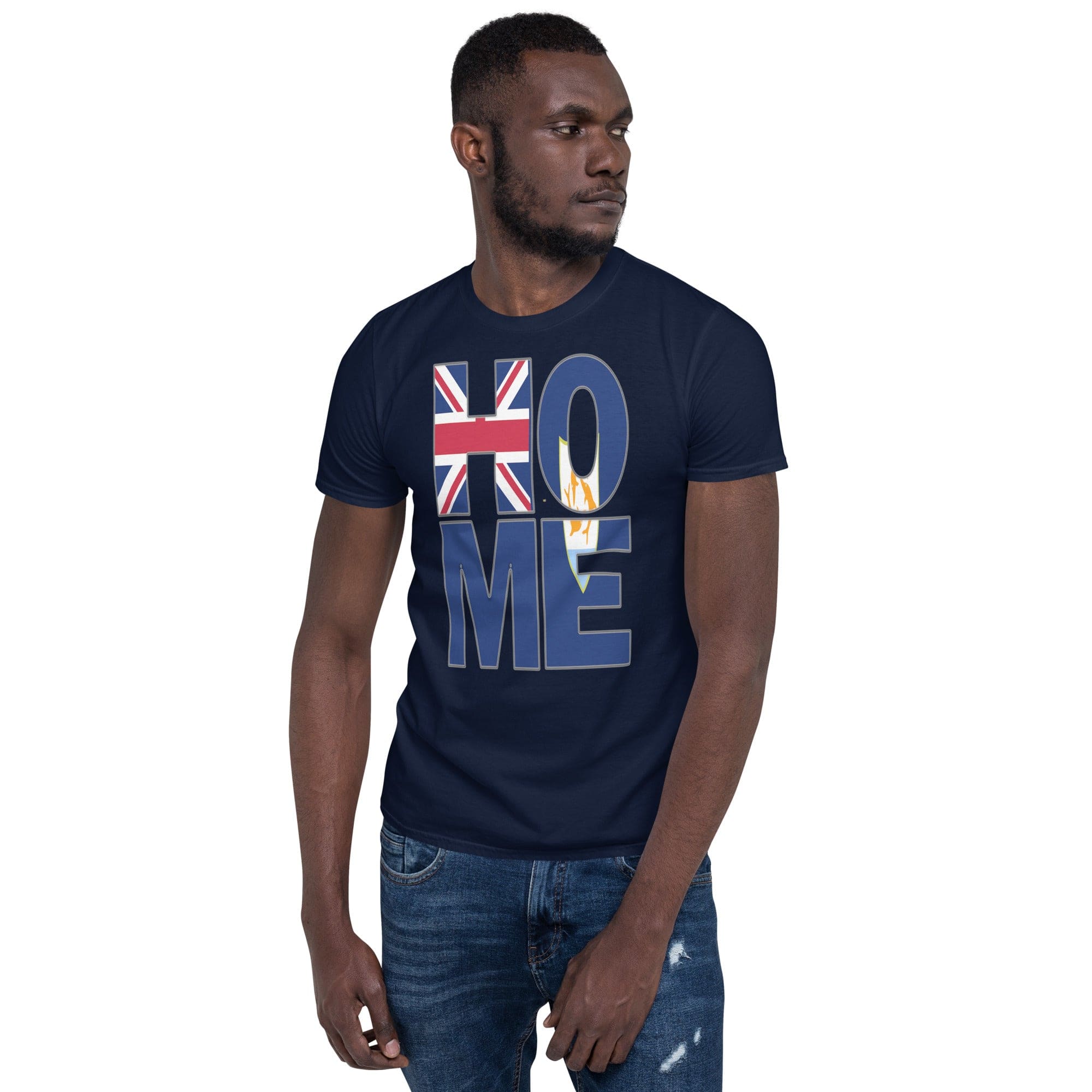 Anguilla flag design in the words HOME on a navy color shirt on the front of a black man.