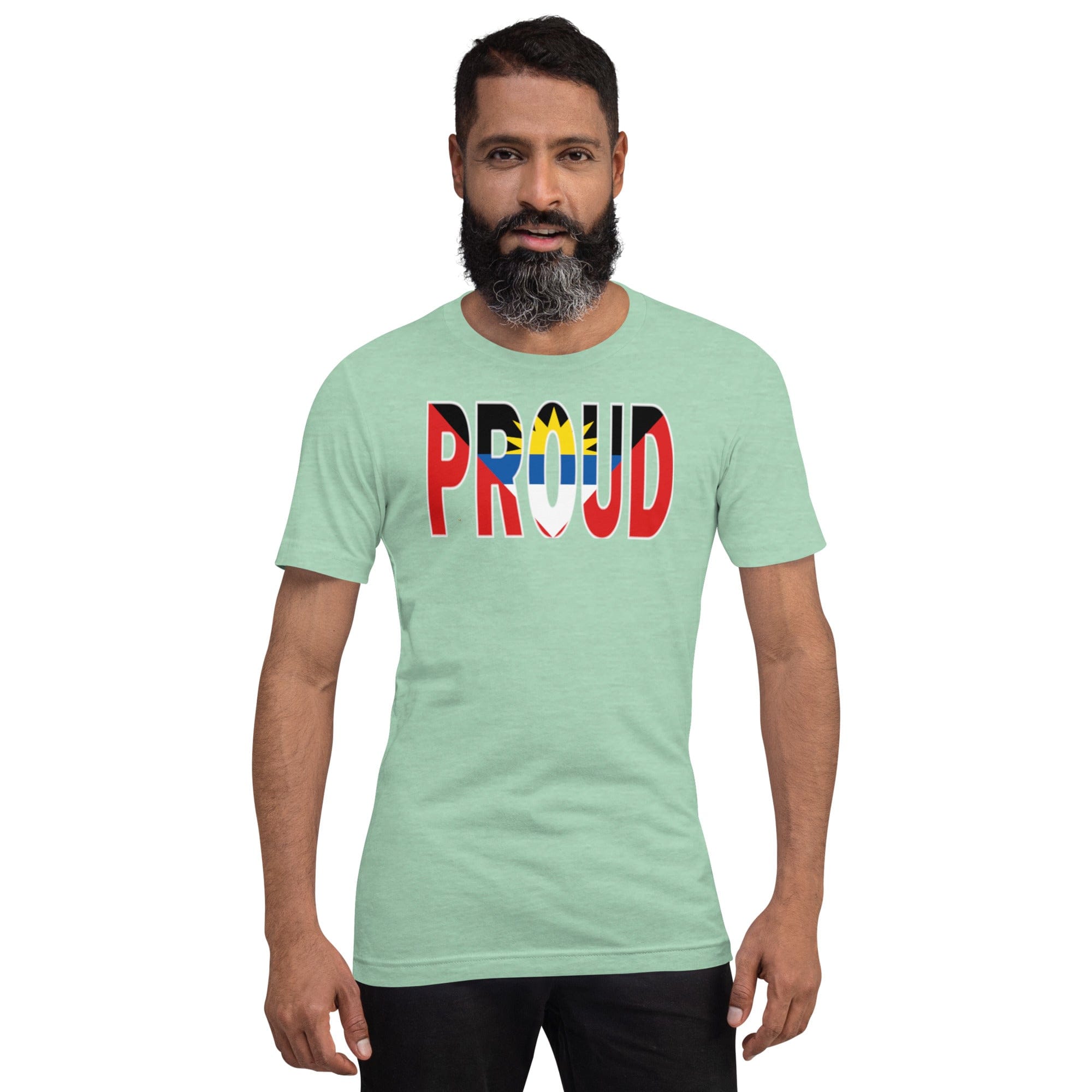 Proud Antigua Flag mint color t-shirt on a black man.
