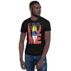 Antigua and Barbuda flag design in the words HOME on a black color shirt on the front of a black man.
