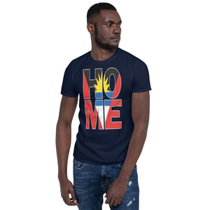 Antigua and Barbuda flag design in the words HOME on a navy color shirt on the front of a black man.
