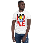 Antigua and Barbuda flag design in the words HOME on a white color shirt on the front of a black man.