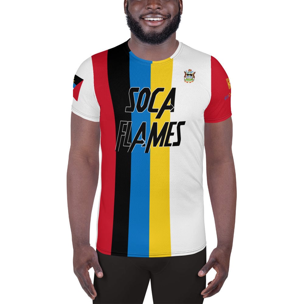 Antigua football shirt showing the front on black a man.