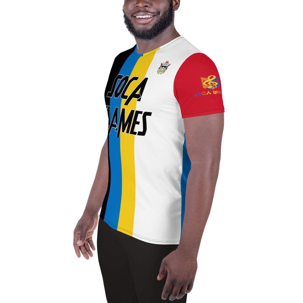 Antigua football shirt showing the left on a black man.