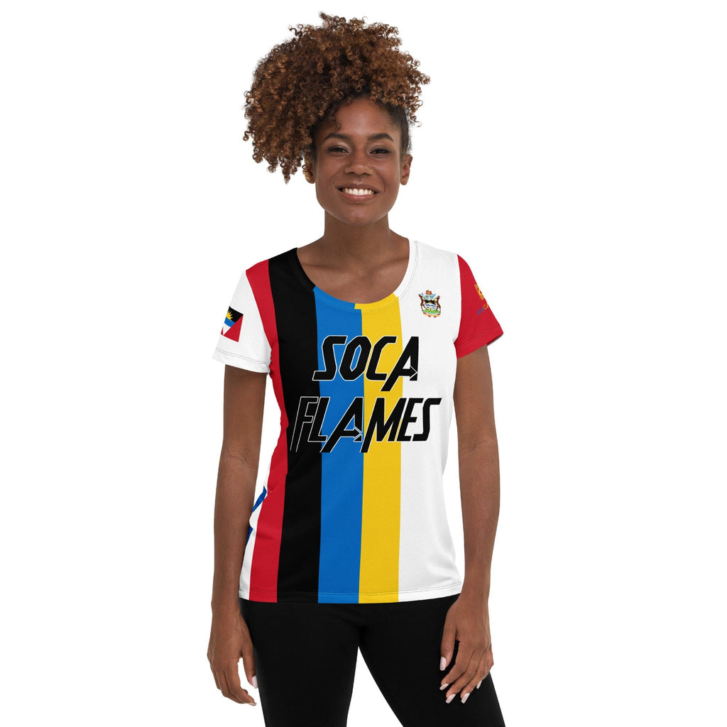 Antigua and Barbuda football shirt showing the front on black women.