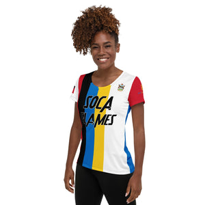 Antigua and Barbuda football shirt showing the left side on a black women.