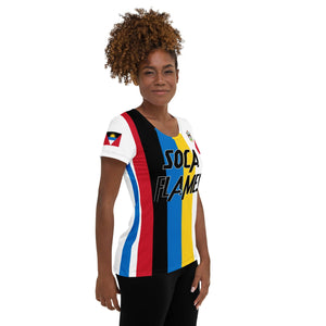 Antigua and Barbuda football shirt showing the right side on a black women.