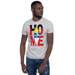 Antigua and Barbuda flag design in the words HOME on a sport grey color shirt on the front of a black man.