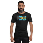 Bahamas Flag designed to spell Proud on a black color t-shirt worn by a black man.