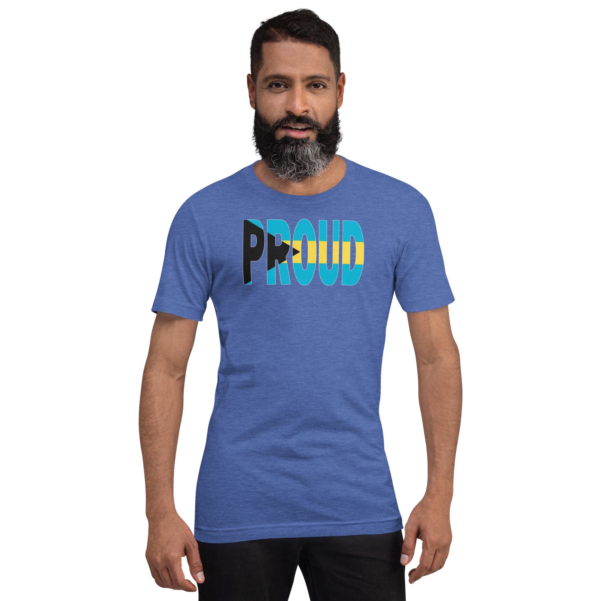 Bahamas Flag designed to spell Proud on a blue color t-shirt worn by a black man.