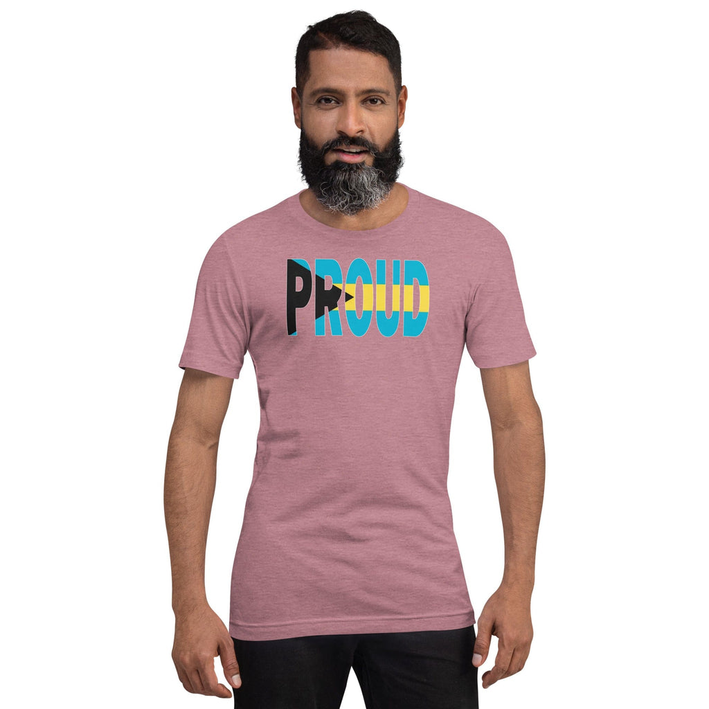 Bahamas Flag designed to spell Proud on a maroon color t-shirt worn by a black man.