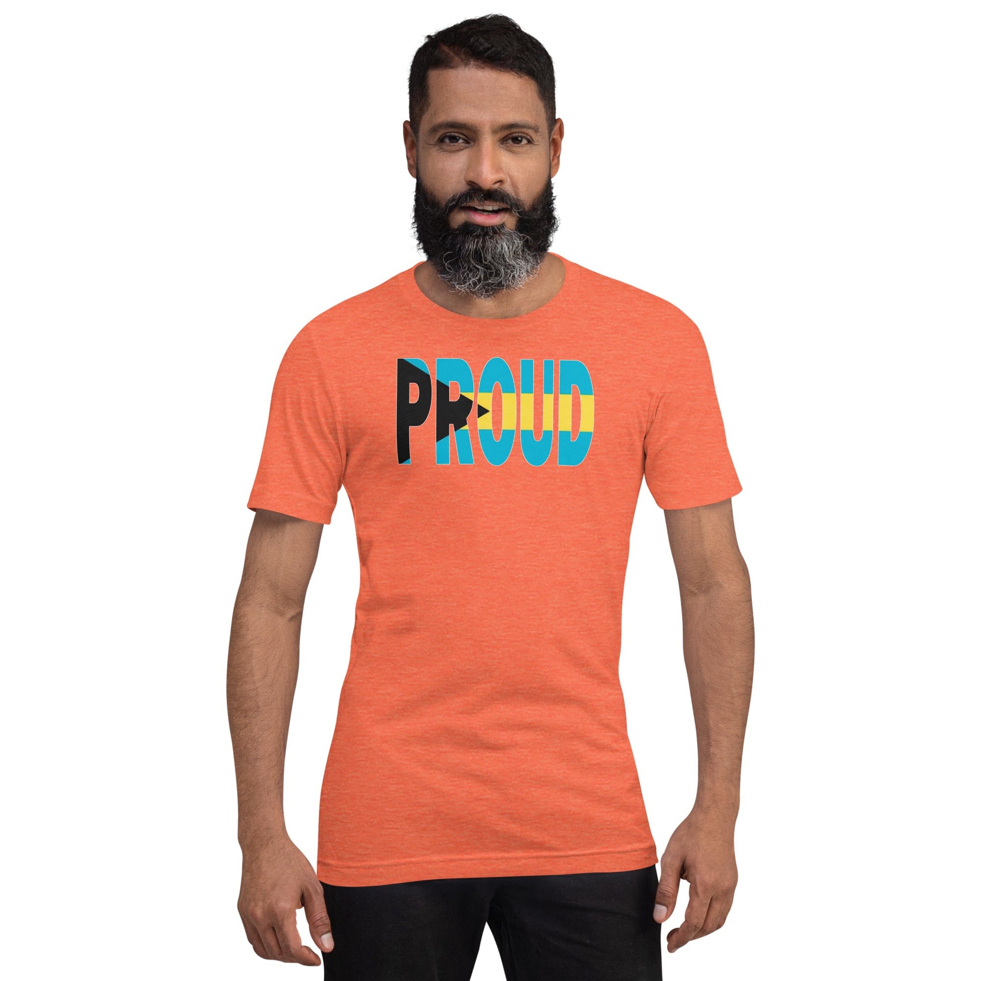Bahamas Flag designed to spell Proud on a orange color t-shirt worn by a black man.