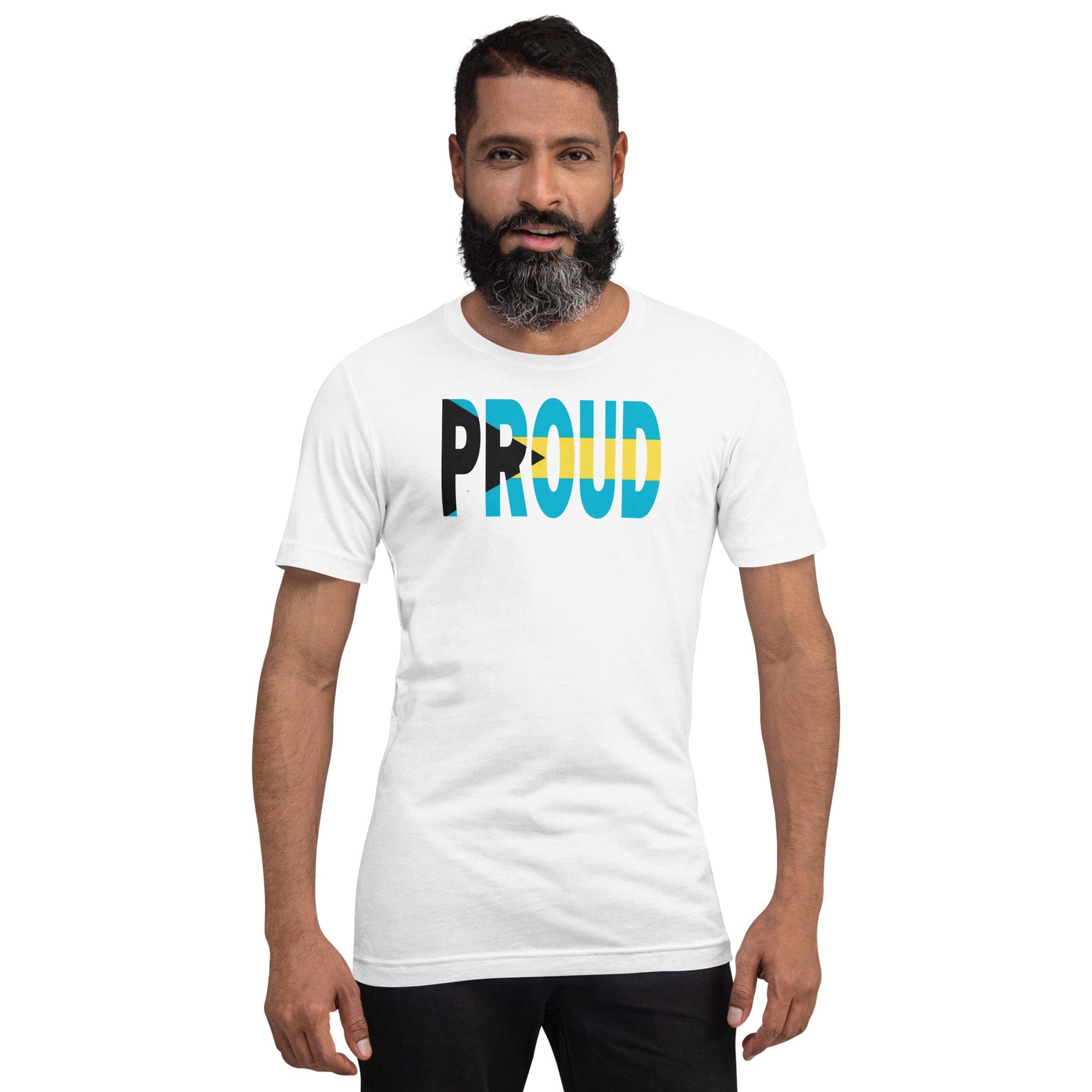 Bahamas Flag designed to spell Proud on a white color t-shirt worn by a black man.