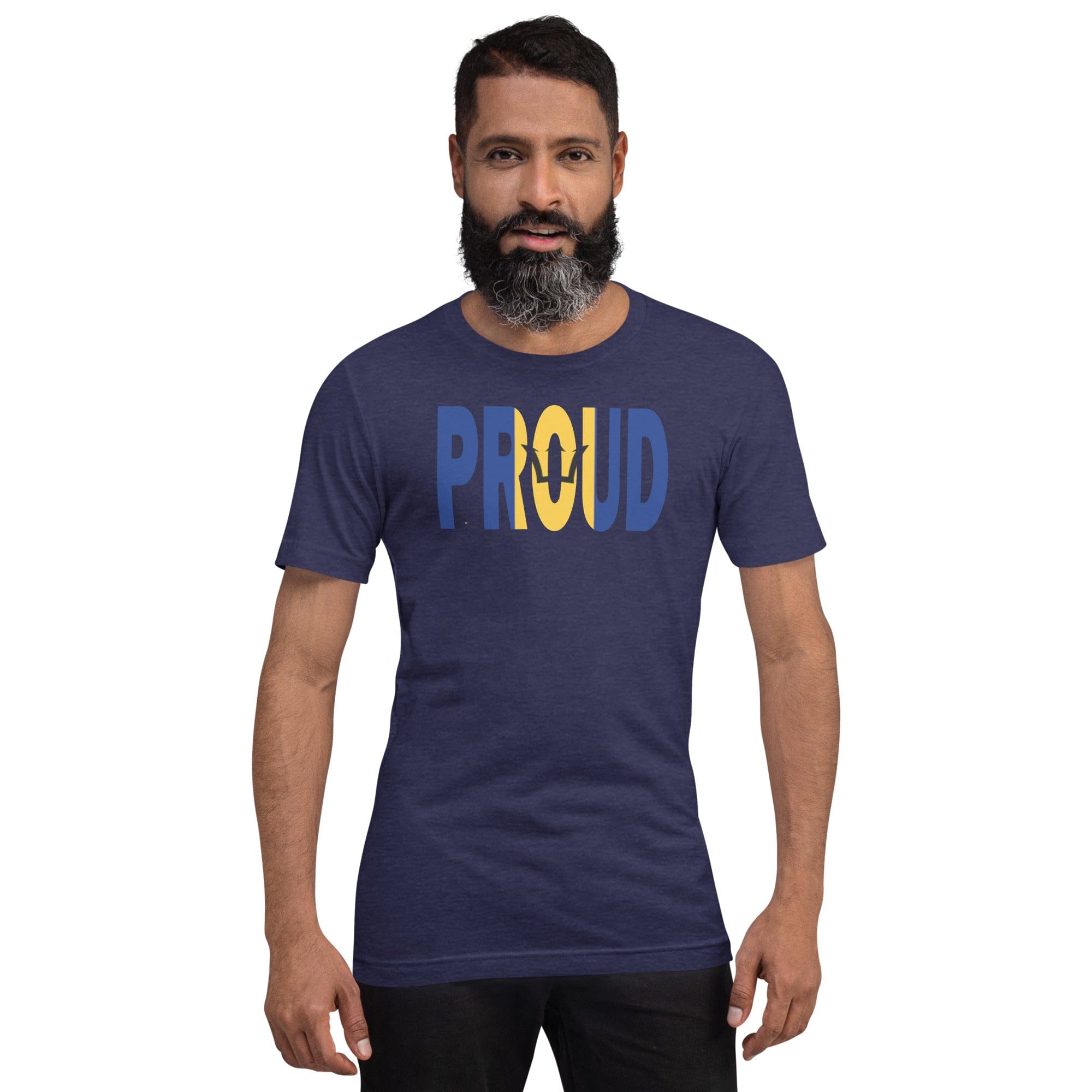 Proud Barbados Flag navy color t-shirt on a black man.
