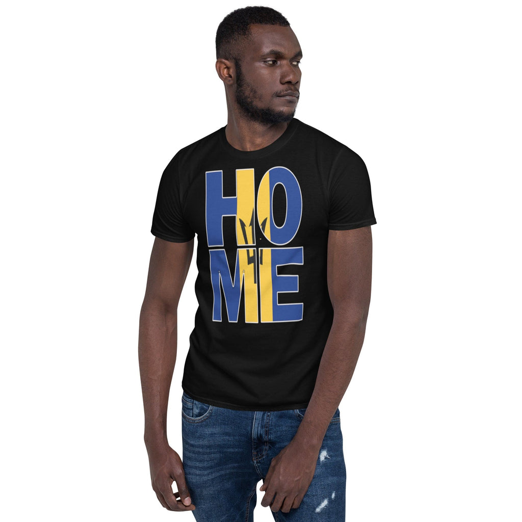 Barbados flag design in the words HOME on a black color shirt on the front of a black man.