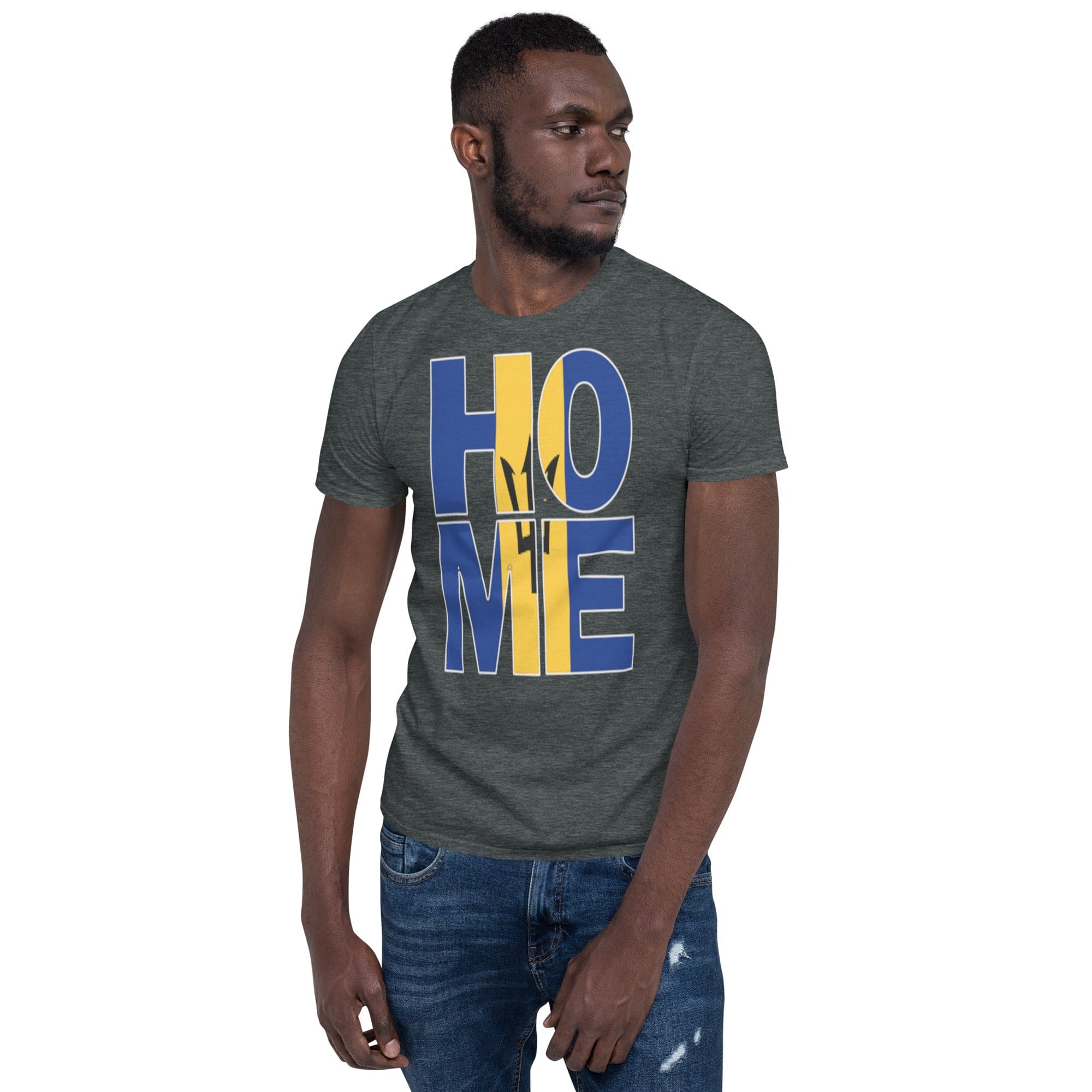 Barbados flag design in the words HOME on a dark heather color shirt on the front of a black man.