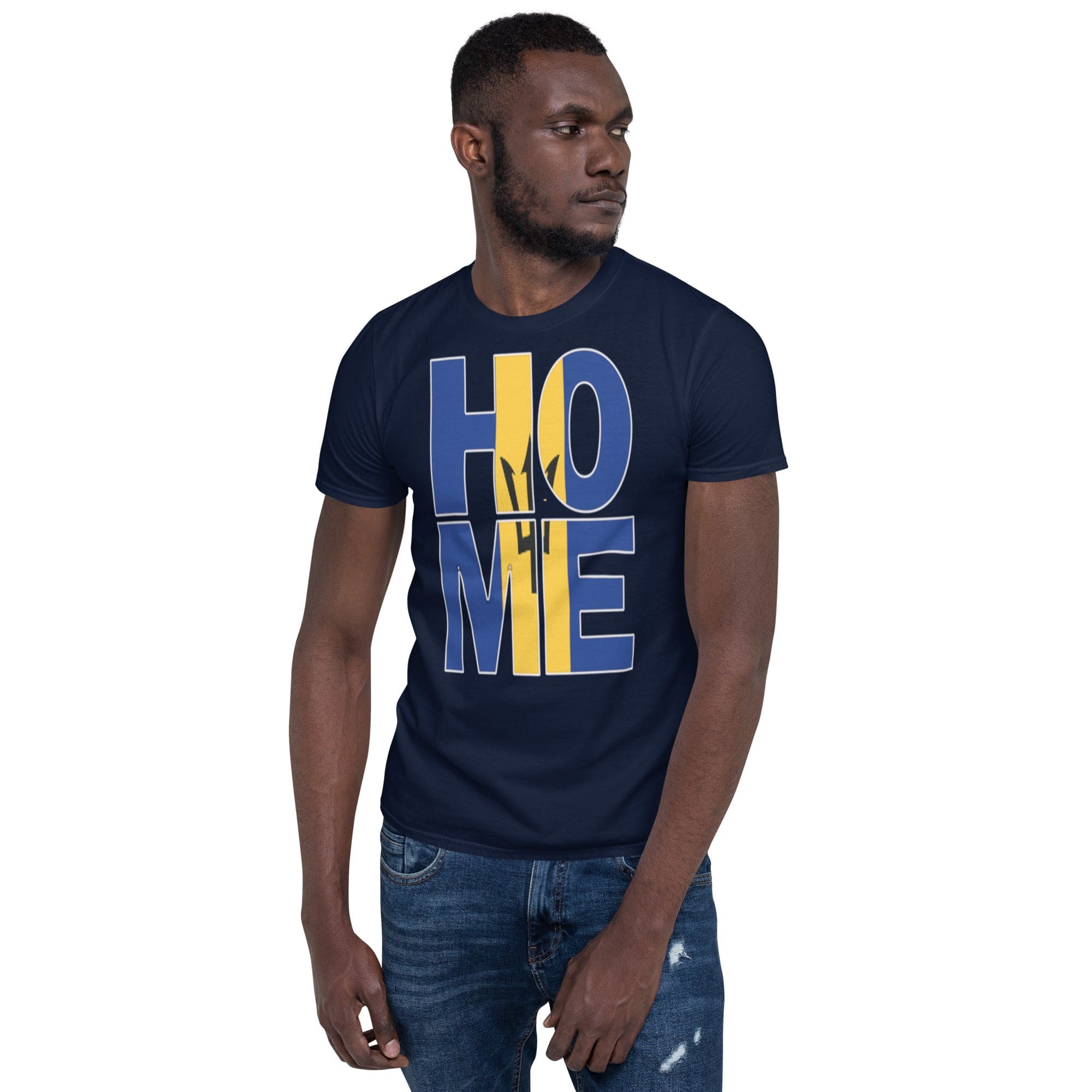 Barbados flag design in the words HOME on a navy color shirt on the front of a black man.