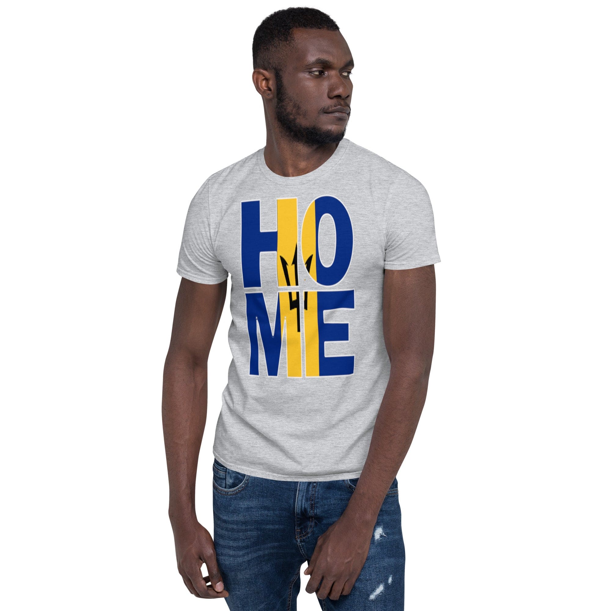 Barbados flag design in the words HOME on a sport grey color shirt on the front of a black man.
