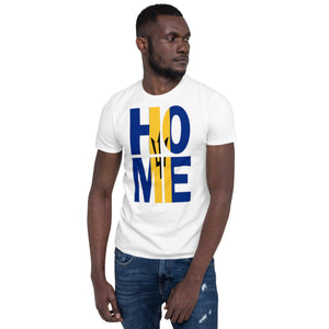 Barbados flag design in the words HOME on a white color shirt on the front of a black man.