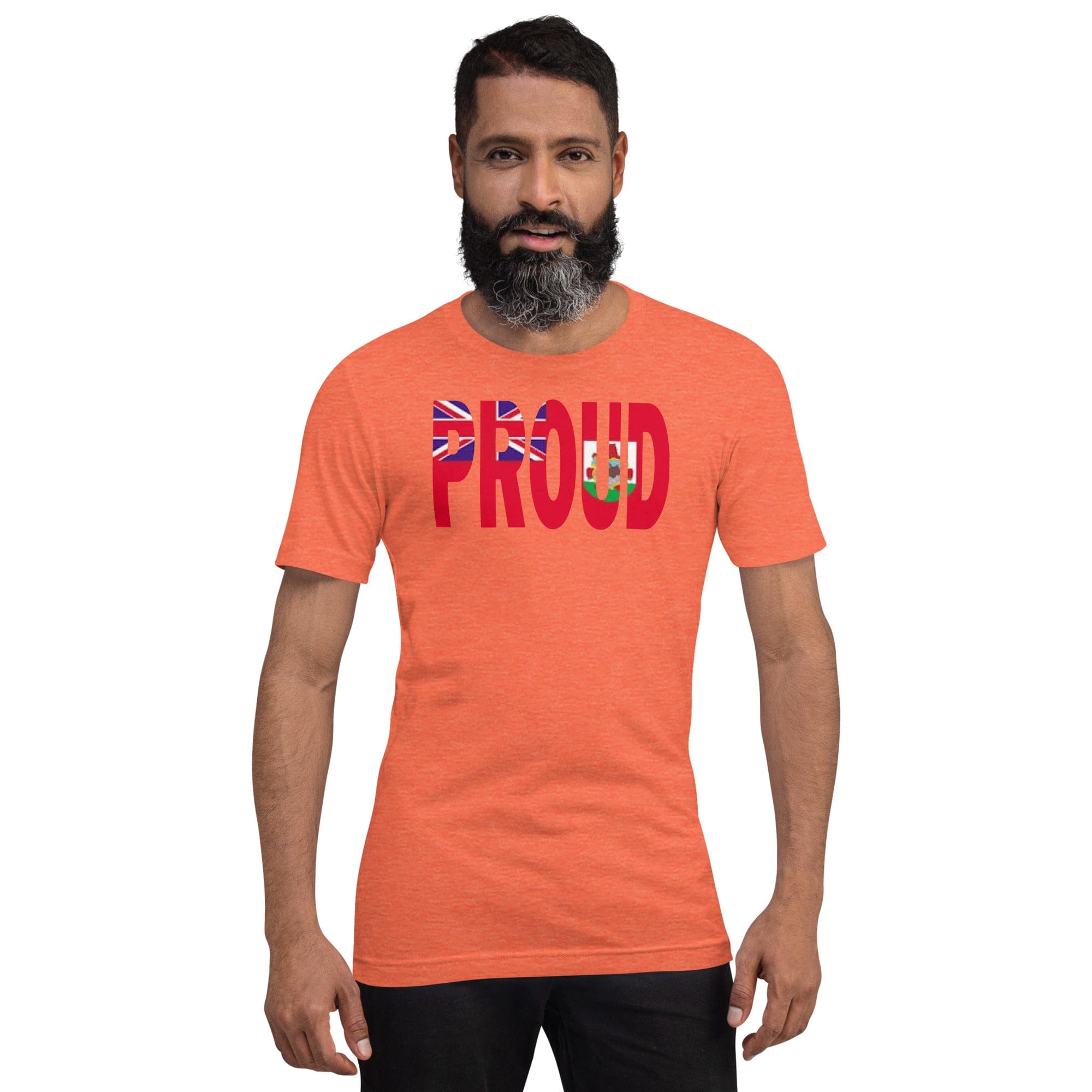 Proud Bermuda Flag orange color t-shirt on a black man.