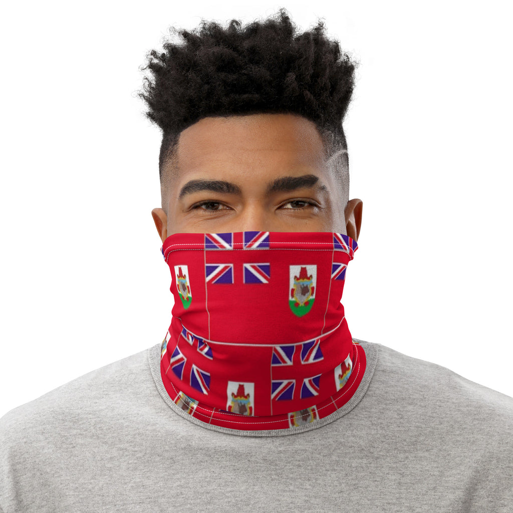 Black Man Wearing Bermuda Flag Face Cover Headband, Bandana Wristband Combination