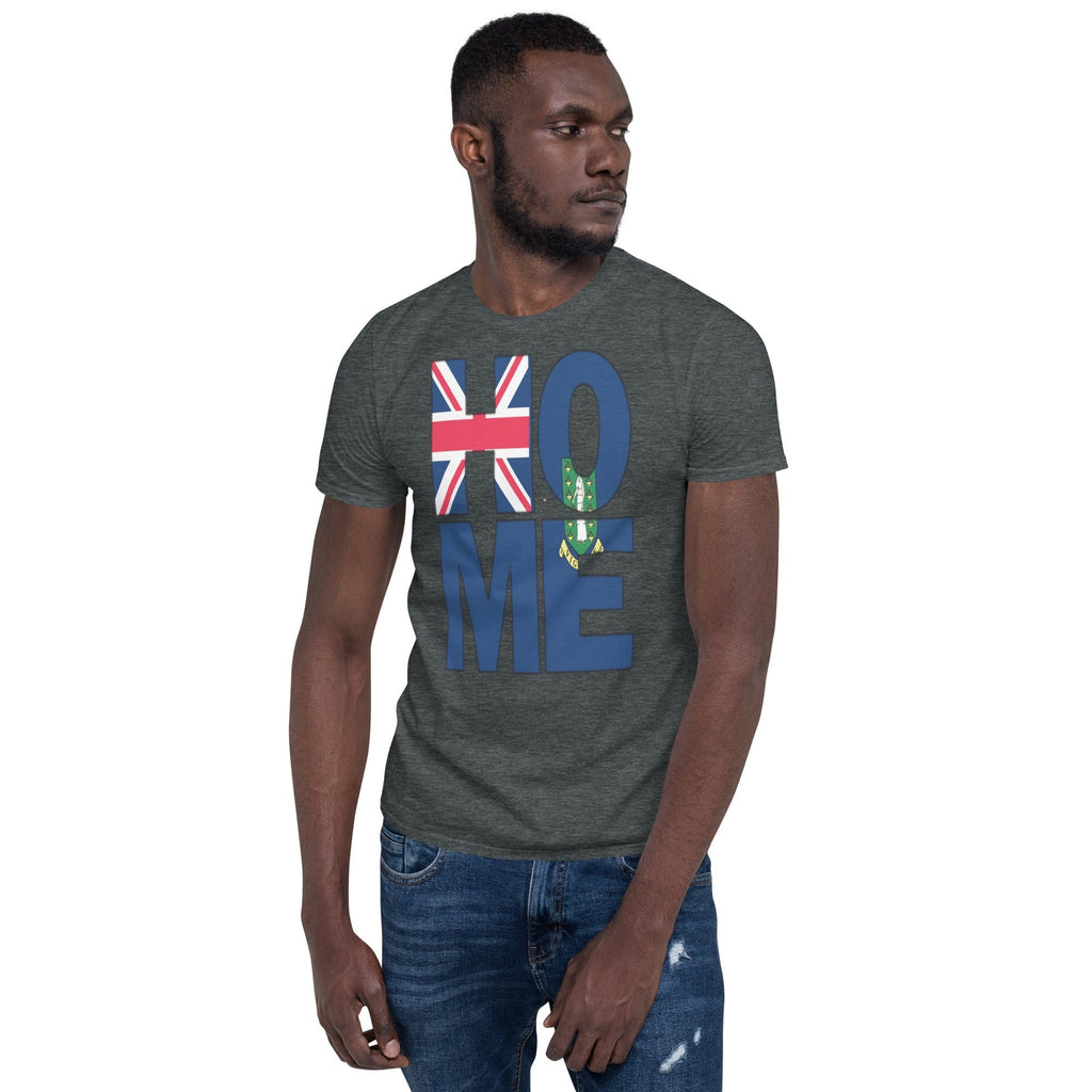 British Virgin Islands flag spelling HOME on black men wearing dark heather color shirt