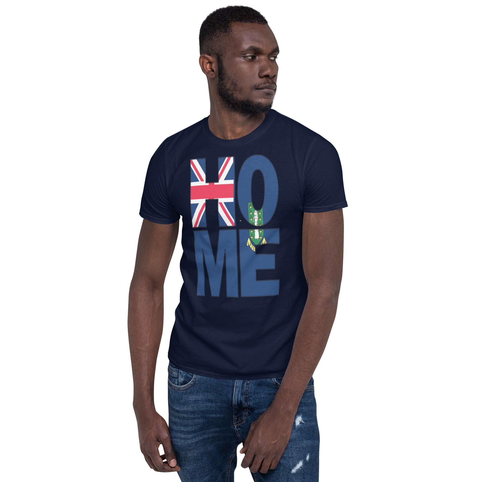 British Virgin Islands flag spelling HOME on black men wearing navy color shirt