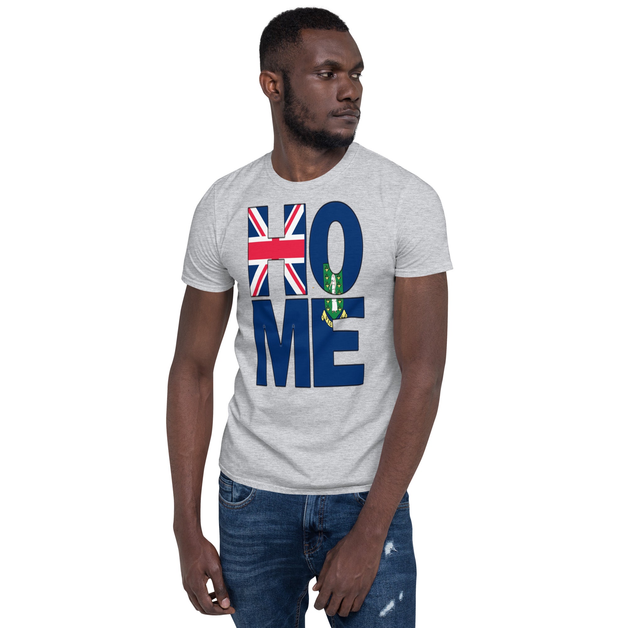 British Virgin Islands flag spelling HOME on black men wearing sport grey color shirt