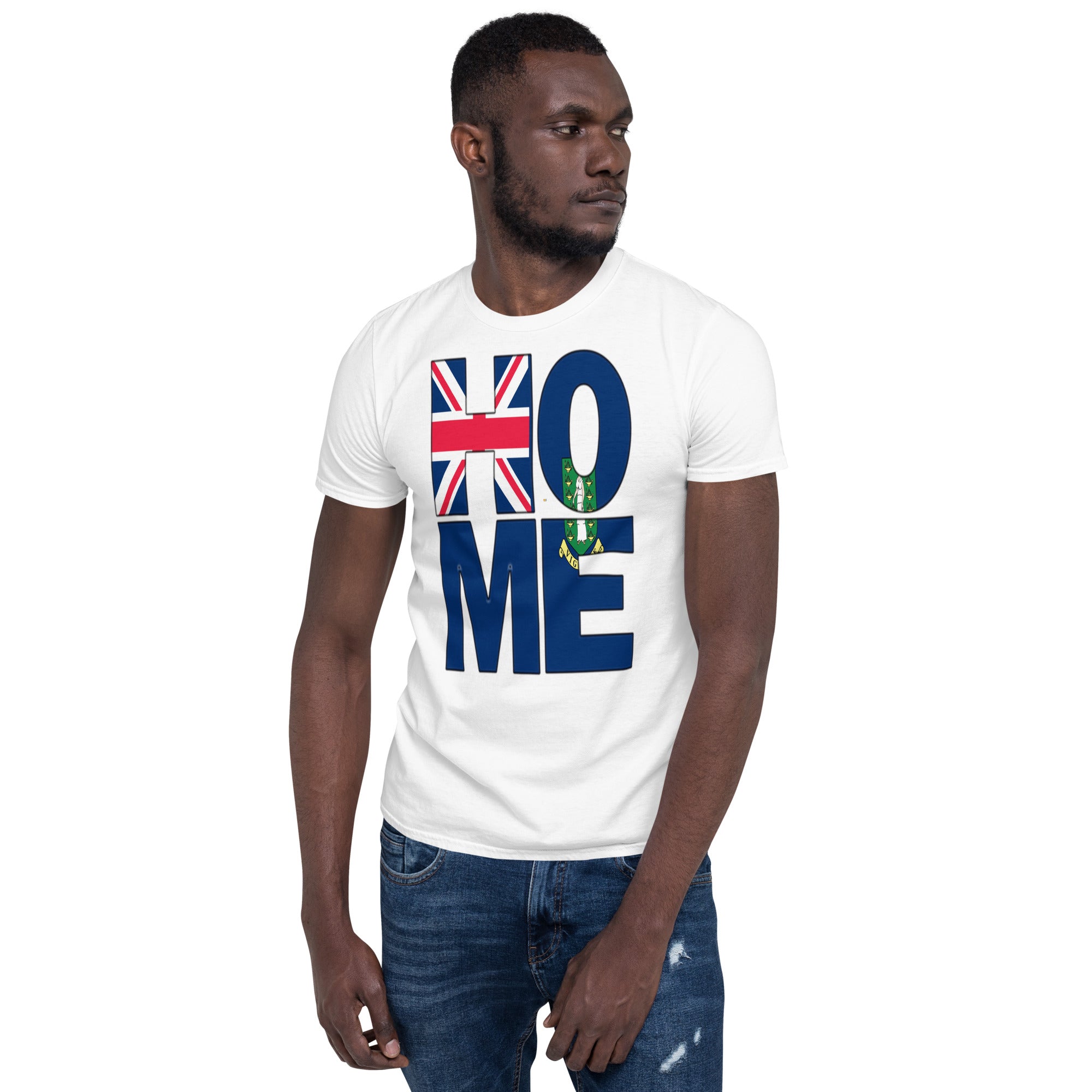 British Virgin Islands flag spelling HOME on black men wearing white color shirt
