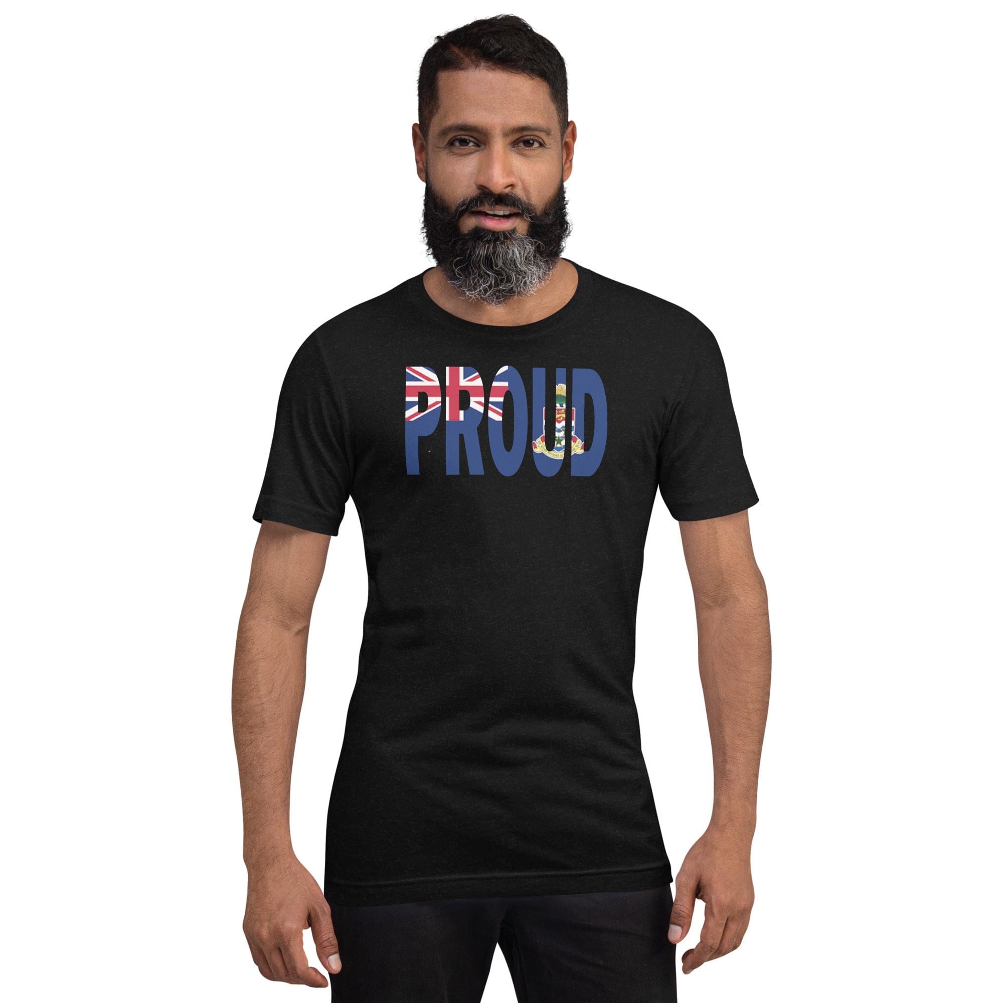 Cayman Islands Flag designed to spell Proud on a black color t-shirt worn by a black man.