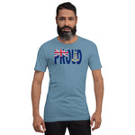 Cayman Islands Flag designed to spell Proud on a blue color t-shirt worn by a black man.