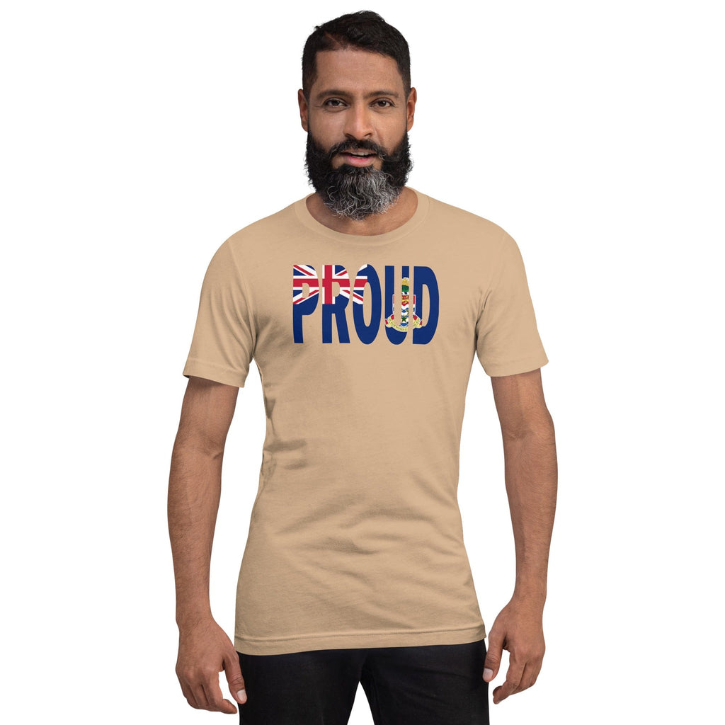 Cayman Islands Flag designed to spell Proud on a brown color t-shirt worn by a black man.
