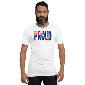 Cayman Islands Flag designed to spell Proud on a white color t-shirt worn by a black man.