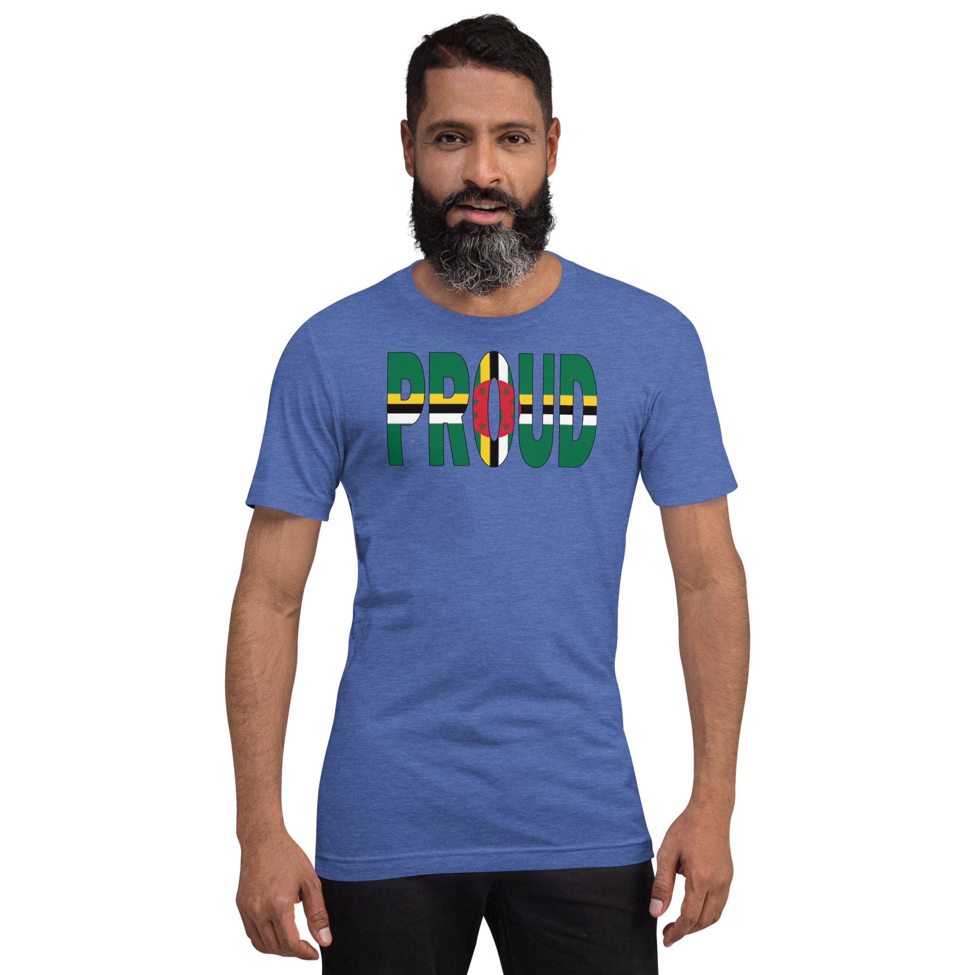  Proud Dominica Flag blue color t-shirt on a black man.
