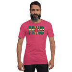 Proud Dominica Flag pink color t-shirt on a black man.