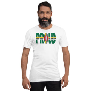  Proud Dominica Flag white color t-shirt on a black man.
