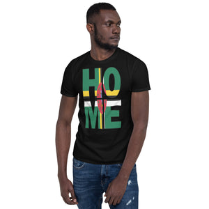 Dominica flag spelling HOME on black men wearing black color shirt