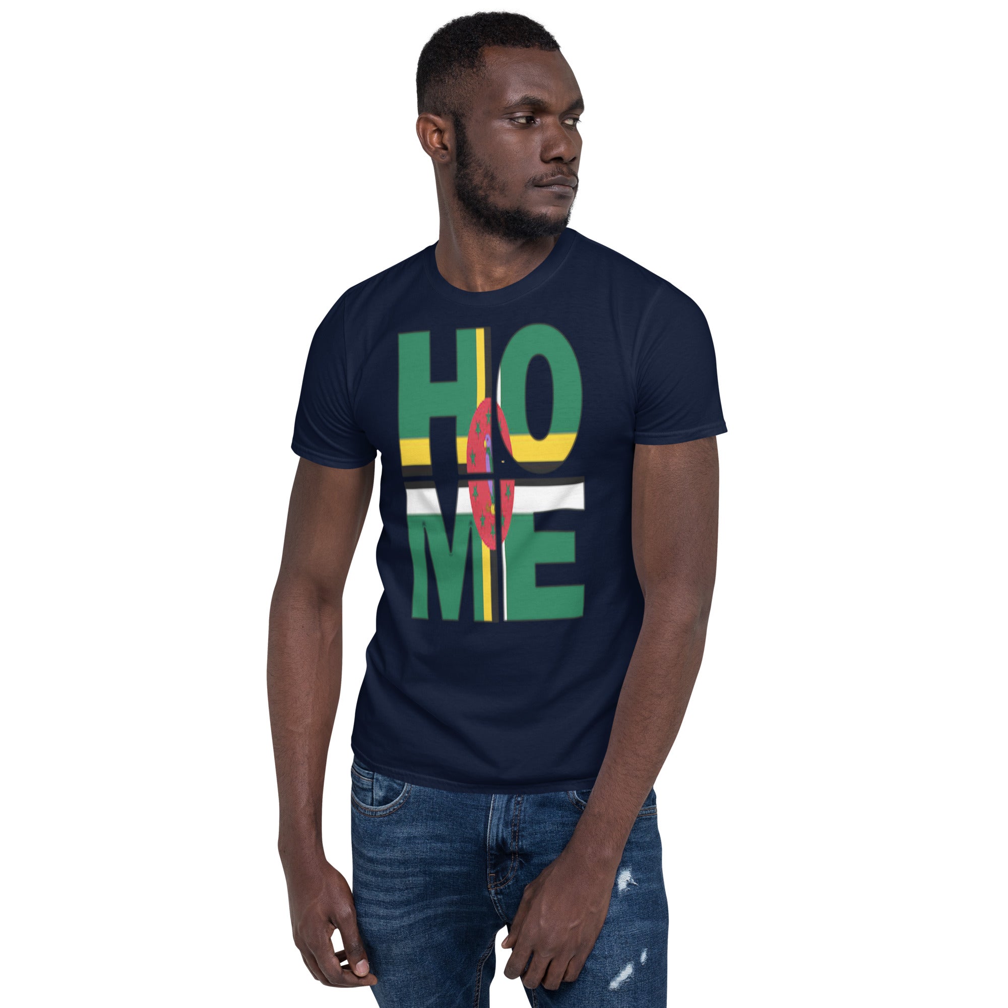 Dominica flag spelling HOME on black men wearing navy color shirt