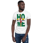 Dominica flag spelling HOME on black men wearing white color shirt
