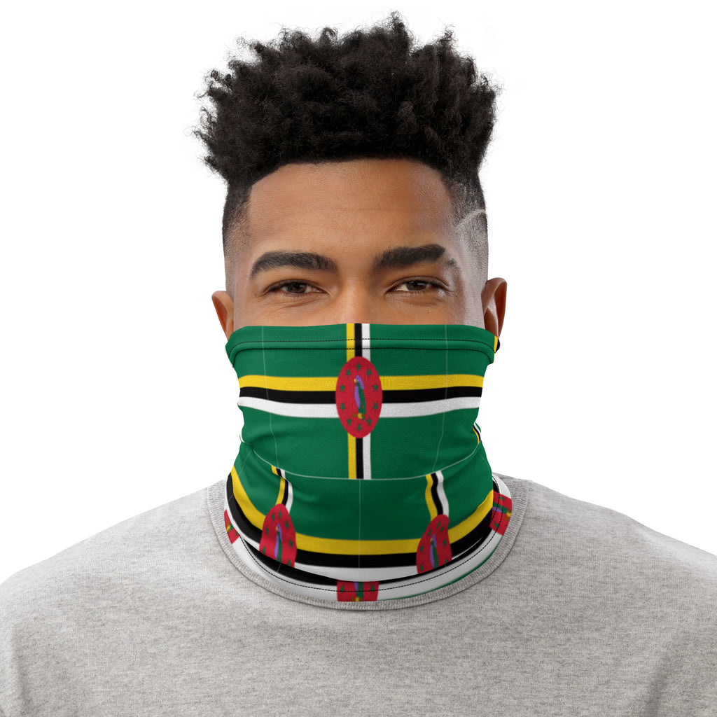 Black Man Wearing Dominica Flag Face Mask Headband, Bandana Wristband Combination