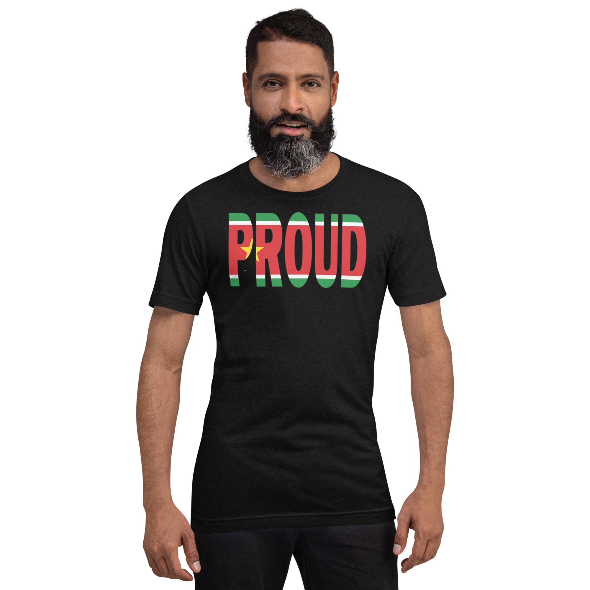 Guadeloupe Flag designed to spell Proud on a black color t-shirt worn by a black man.