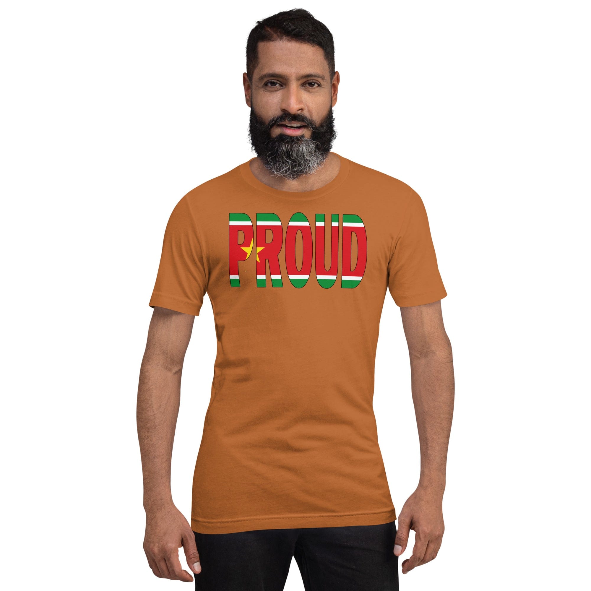 Guadeloupe Flag designed to spell Proud on a brown color t-shirt worn by a black man.