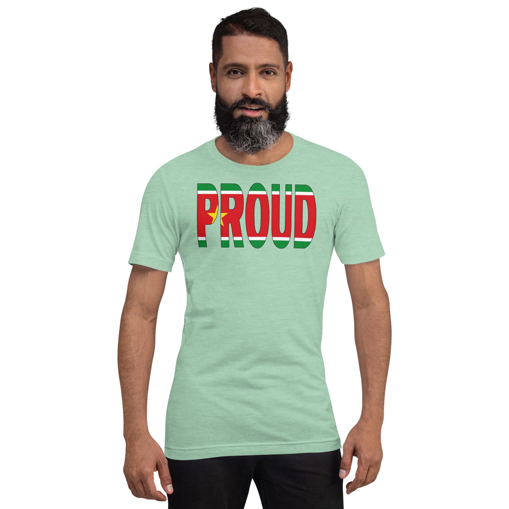 Guadeloupe Flag designed to spell Proud on a mint color t-shirt worn by a black man.